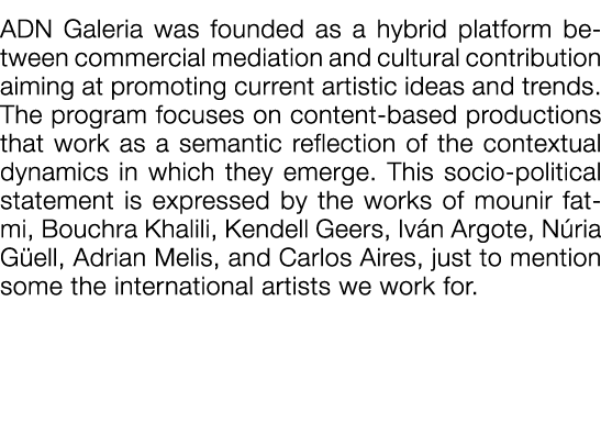 ADN Galeria was founded as a hybrid platform between commercial mediation and cultural contribution aiming at promot   