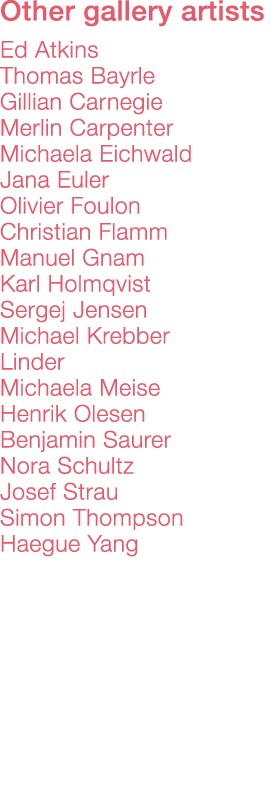 Other gallery artists    Ed Atkins Thomas Bayrle Gillian Carnegie Merlin Carpenter Michaela Eichwald Jana Euler Olivi   
