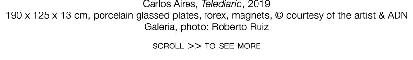   Carlos Aires  ,   Telediario  ,   2019     190 x 125 x 13 cm  ,   porcelain glassed plates, forex, magnets  ,     c   